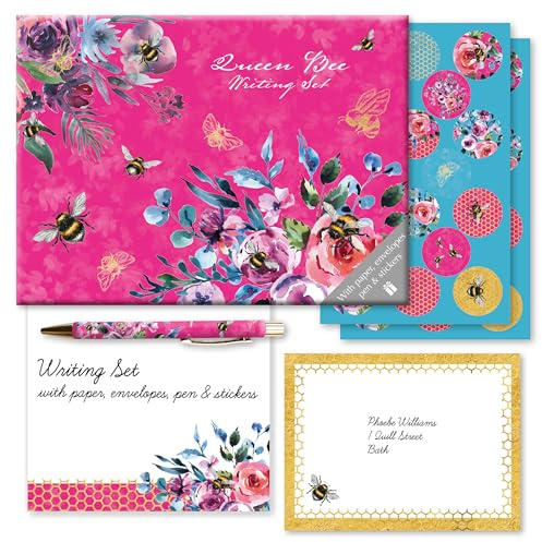 Gifted Stationery Schreibset - Queen Bee, Briefpapier-Set Box mit 32 Blatt Briefpapier A5, 16 Umschläge und Kugelschreiber, ideal für Zuhause, Büro, Schule oder unterwegs