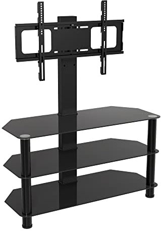 MAHARA Glass Corner TV Stand - with Column - Black Floor stand Unit with built-in Mount for up to 60 Inch TV - Universal VESA Mount included