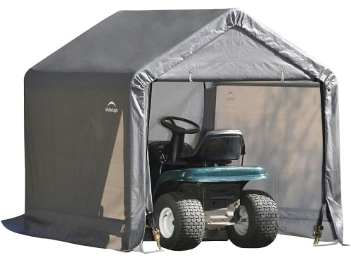 ShelterLogic 6' x 6' Shed-in-a-Box All Season Steel Metal Peak Roof Outdoor Storage Shed with Waterproof Cover and Heavy Duty Reusable Auger Anchors, Grey
