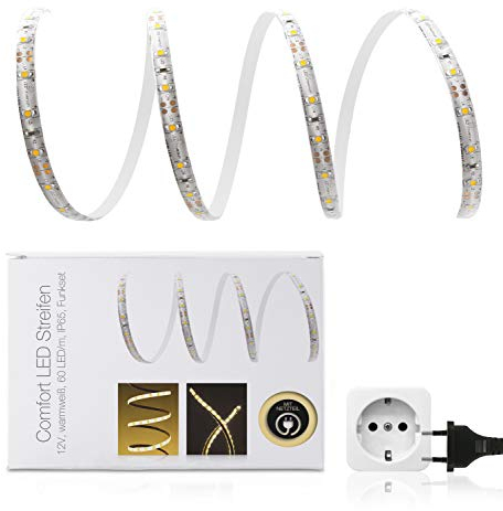 LED Universum 10 Meter Comfort LED Streifen Set warmweiß, 60 LED/m, IP65, 12V, 3528 SMD, 5W/m, 330 lm/m, inkl. 6A-Netzteil, für Wohn-, Schlafzimmer, Balkon, Terrasse