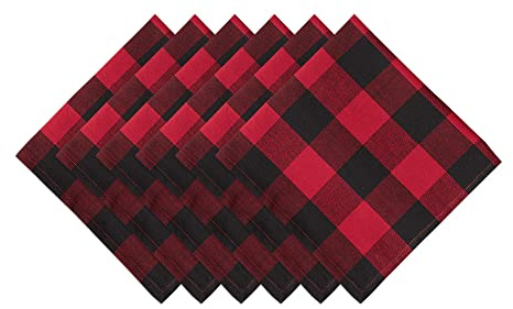 DII Buffalo Check Collection – Lot de 6 Serviettes en Tissu Style Ferme Classique, 50,8 x 50,8 cm, Rouge et Noir