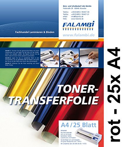 FALAMBI metallic Toner-Thermo-Transferfolie DIN A4 für Laminiergerät, Gold, Silber, Kupfer, rot, blau grün (rot - 25 x A4)