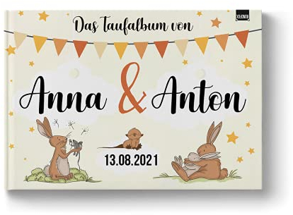 Taufalbum und Gästebuch für Zwillinge mit Namen personalisiert und Taufdatum - Taufgeschenk/Erinnerung mit Tieren und Engeln