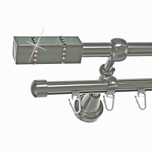 BASIT Rohr + Innenlauf Gardinenstange Wandmontage 2 läufig 280cm lang Edelstahl Look Metall Gardinenstange 2 läufig Wandbefestigung Ø16mm I H14+I