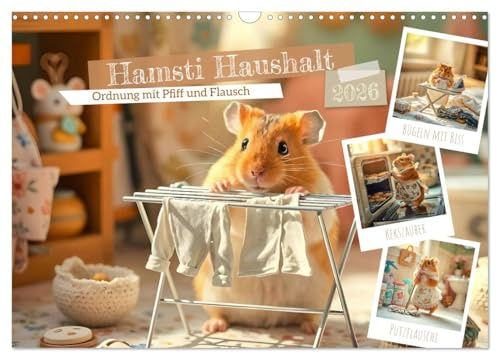 Hamsti Haushalt - Ordnung mit Pfiff und Flausch (Wandkalender 2026 DIN A3 quer), CALVENDO Monatskalender: Der Haus-Hamster - Wenn Flausch auf Ordnung trifft (CALVENDO Tiere)