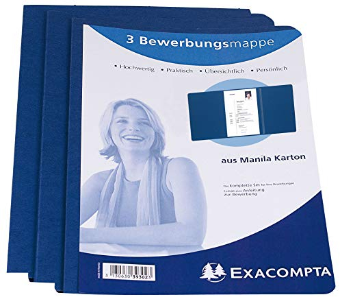 Exacompta 48662B 3er Pack Bewerbungsmappen ELEGANCE in Lienen Optik. Aus starkem Colorspan-Karton 3-teilig mit 1 Klemmschiene für DIN A4 blau