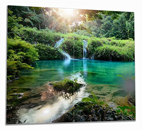 Wallario Herdabdeckplatte/Spritzschutz aus Glas, 2-teilig, 60x52cm, für Ceran- und Induktionsherde, Türkisgrüner See im Nationalpark in Guatemala