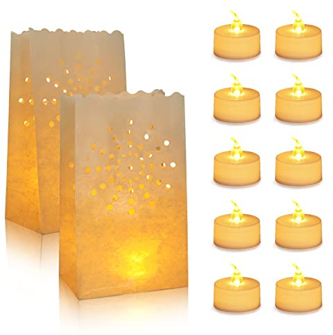AceList 30 Set Luminaries Bag with Flameless Candles， Flickering LED Tea Lights with Paper Luminary Bags Battery Operation for Wedding Party,Halloween, Thanksgiving, Christmas Decoration（Sun）