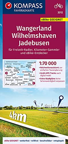 KOMPASS Fahrradkarte 3312 Wangerland, Wilhelmshaven, Jadebusen mit Knotenpunkten 1:70.000: reiß- und wetterfest mit Extra Stadtplänen