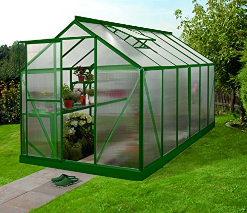 Gartenwelt Riegelsberger Gewächshaus Triton - Ausführung: 7500 HKP 4 mm dunkelgrün, Fläche: ca. 7,5 m², mit 2 Dachfenster, Sockel: 1,90 x 3,77 m
