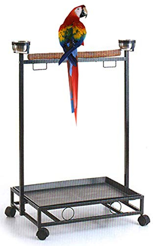 Soporte grande de hierro forjado para loros y pájaros, bandeja extraíble fácil de limpiar, percha, gimnasio de juego, patio de juegos, tazas de alimentación de acero inoxidable, soporte rodante sobre