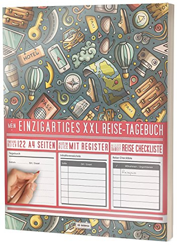 Mein Reisetagebuch • 122 Seiten, Register, Kontakte / Neue Auflage mit Reise Checkliste / PR401 „Bunte Collage“ / DIN A4 Soft Cover
