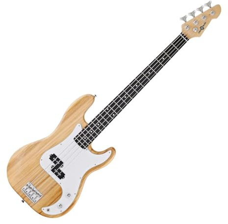 LA-E-Bass von Gear4music Natural | Split-Coil-Humbucker für klaren reinen Ton, leichter Paulownia-Korpus, präzise koreanische Gussmechaniken, Gigbag inklusive
