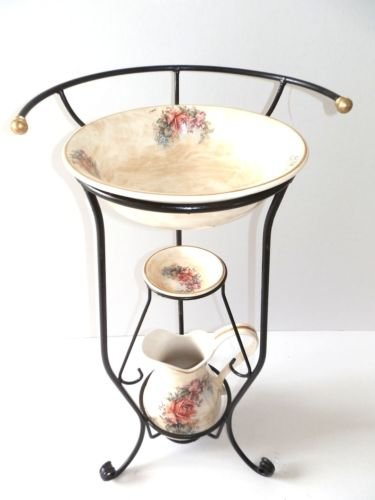 arterameferro Set Toilette Completo lavabo in Ceramica Toscana 3 Pezzi con Rose Ferro Battuto