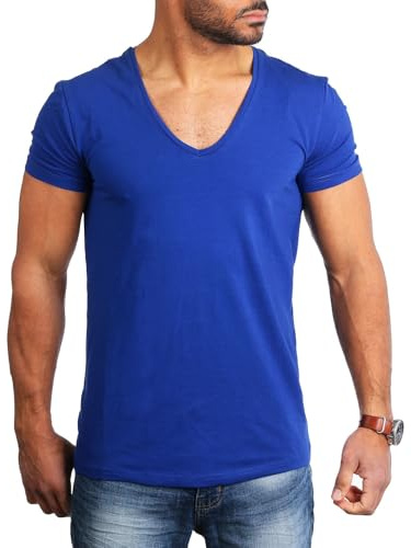Young & Rich Herren Uni T-Shirt Basic mit extra tiefem V-Ausschnitt Slimfit deep V-Neck Stretch dehnbar 1315, Grösse:XL, Farbe:Blau
