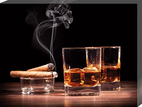 1art1 Alkoholische Getränke Poster Whiskey Und Zigarren Bilder Leinwand-Bild Auf Keilrahmen | XXL-Wandbild Poster Kunstdruck Als Leinwandbild 80x60 cm