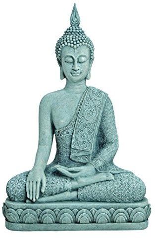 Deko-Buddha sitzend, ca. 39 cm hoch in grau | Buddha-Figur für Wohnung, Haus & Garten | Buddha-Statue, Wohnaccessoire ideal als Geschenk | Buddha-Skulptur Feng Shui Dekoration | Garten-Figur, meditierender Buddha, Buddha Steinoptik, sitzende Buddha Figur auf Podest.