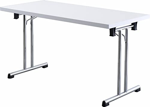 Bümö Klapptisch weiß 138 x 69 cm klappbar & stapelbar, klappbarer Schreibtisch, Klappschreibtisch, Tisch klappbar, Klappbarer Tisch, Klapptisch Holz-Platte, Gestell stabil aus Metall verchromt