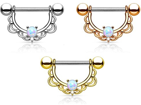 Paula & Fritz® Brustwarzen-Piercing Brustpiercing Frau Maenner Intimpiercing Mann Nippelpiercing Edelstahl Chirurgenstahl 316L Filigraner Bogen Opal Silber, Gelbgold, Roségold K11003-14_Set