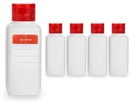 Octopus 5 x 100 ml plastic bottles, HDPE plastic bottles with red flip-top cap, empty bottles with red hinged cap, square bottles incl. 5 labels