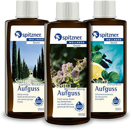 Essenza sauna corpo e mente: cipresso-rosmarino, melissa-miele, agrume-menta (3x190ml) di Spitzner