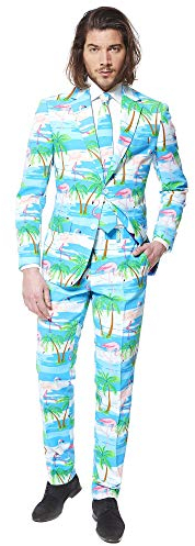 OppoSuits Herren Opposuits Crazy Prom Suits For Men – Flaminguy Anzug - Komplettes Set: Jackett, Hose und Krawatte, Blau, 56