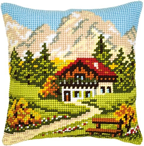 VERVACO Kreuzstich Stickpackungen Kissen Stickerei Set Anfänger Vorgedruckt Berglandschaft DIY Set Kreativ Set Für Erwachsene Dekoratives Kissen ca. 40 x 40 cm Bastelset Handwerker Haus Dekoration