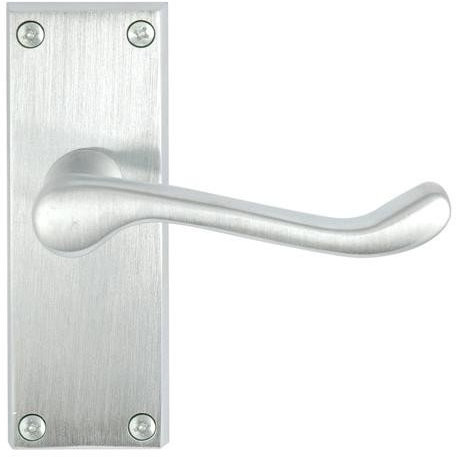 Victorian Scroll Door Handle Lever On Backplate Short - Latch Set - Satin Chrome
