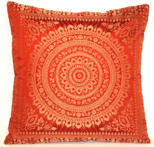 Kashmir Handicrafts Rostfarbe Indische Deko Banarasi Seide Kissenbezüge 40 cm x 40 cm, Extravaganten Design für Sofa & Bett Dekokissen, Kissenhülle aus Indien