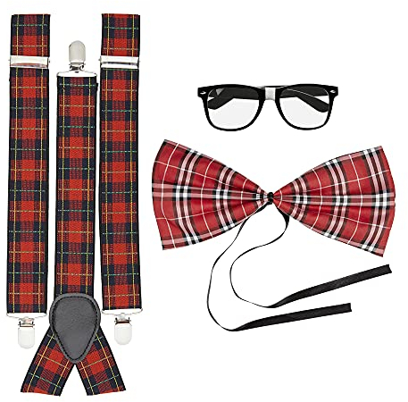 Widmann - Verkleidungsset Nerd, Hosenträger, Fliege und Brille, Schotte, Karneval, Mottoparty