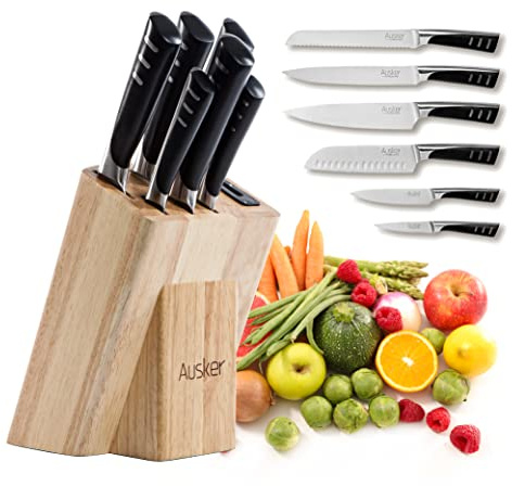 Ausker - Bloc de Couteaux avec jeu de Couteaux en Acier Inoxydable, Couteau de Chef, Santoku, d'Office, Multifonctions, à Pain et à Viande avec Aiguiseur - Set de 6
