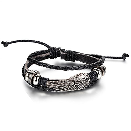 JewelryWe Schmuck Engel Flügel Beads Ringe Legierung Leder Armband, Geflochten Herren Damen Lederarmband Armreif, 19,5cm-25,5cm Verstellbare Größe, Schwarz Silber, mit Geschenk Tüte