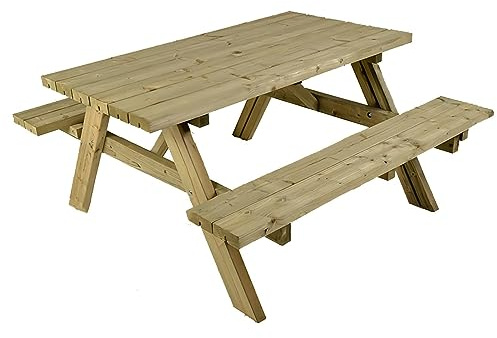 BrackenStyle Whitby 6 Seat Picnic Table, 1.4M 140cm Length | Extra Thick 40mm, Heavy Duty Pressure Treated Timbers, Commerical A Frame Pub Garden Picnic Bench, Fold Up Bench Seats