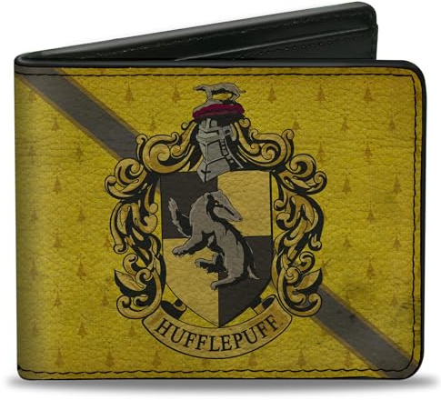 Buckle-Down The Wizarding World of Harry Potter Wallet, Bifold, Hufflepuff Crest Stripe4 Weathered Gold Brown, Vegan Leather