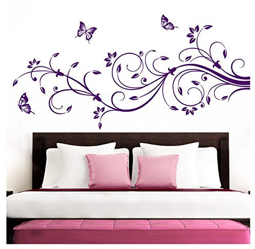Grandora Wandtattoo XXL Blumenranken Schmetterlinge Blumen I violett (BxH) 160 x 69 cm I Schlafzimmer Liebe Flur Wohnzimmer modern Aufkleber Wandaufkleber W1073