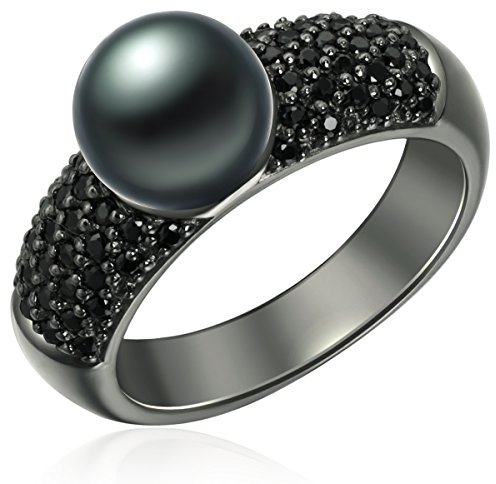 Valero Pearls Damen Perlenring aus geschwärztem 925/- Sterling Silber mit Süßwasser-Zuchtperle Pfauenblau 8-9 mm Buttonförmig Zirkonia schwarz