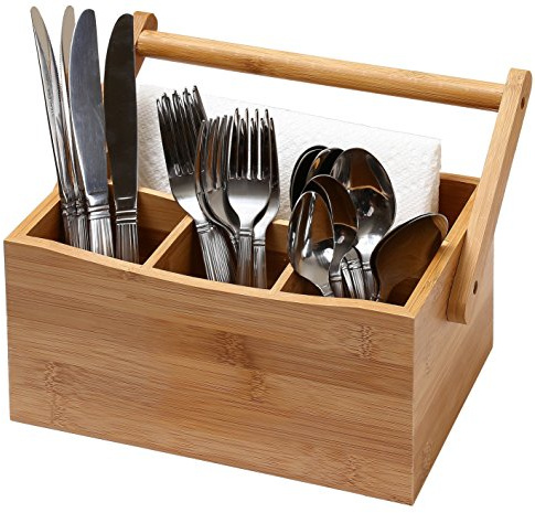 YBM HOME Bamboo Flatware Utensil Caddy with Napkin Holder and Handle, Wood Picnic Basket for Kitchen and Camping Trip, 336
