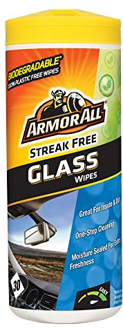 Armor All, 30 Biodegradable Glass Wipes, Streak-Free Cleaning, Easily Removes Dirt and Insects, Suitable for Inside and Outside Use, Freshness Lock,Ideal for Car & Motorcycle Detailing, Made in the UK