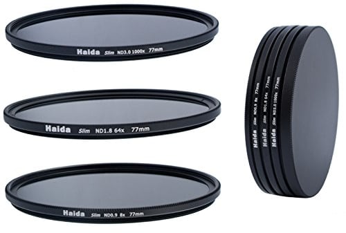 HAIDA Slim Neutral Graufilter Set 77mm bestehend aus ND8, ND64, ND1000 Filtern 77mm inkl. Stack Cap Filtercontainer + Pro Lens Cap mit Innengriff
