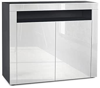 Vladon Kommode Valencia, Made in Germany, Sideboard mit 2 Türen und 1 offenem Fach, Schwarz matt/Weiß Hochglanz/Weiß Hochglanz (108 x 92 x 40 cm)