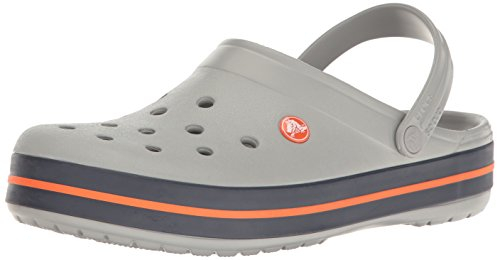 Crocs Crocband Clogs, Men's Clogs, Lightweight, Easy to Clean and Slip On, Light Grey/Navy Stripe Detail, Size M9W10 UK