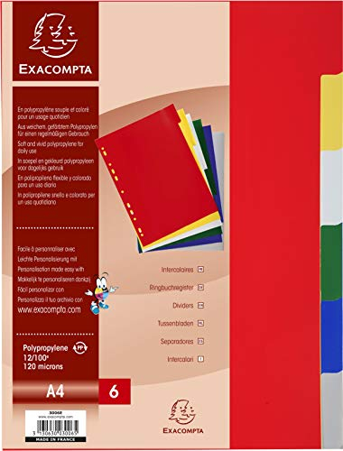 Exacompta 3006E Premium-Register für DIN A4 aus langlebigem Kunststoff 6-teilig volle Höhe 22 x 29,7 cm vollfarbig 6 Farben PP Trennblätter Trennstreifen