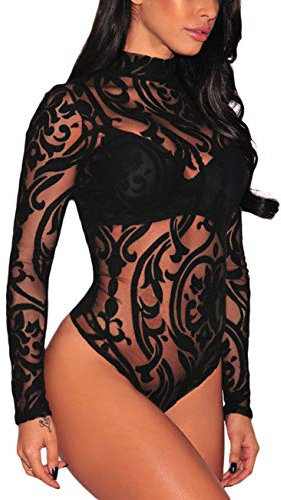 MAYFASEY Langärmeliger Damen-Body aus durchsichtigem Netzstoff, sexy Gymnastikanzug, Samt, gemustert, Body Tops, 16# Schwarz, S