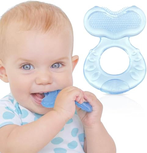 Nuby Teethe-eez souple en silicone | Anneau de dentition en silicone avec surface pour masser les dents | étui hygiénique inclus | Bleu | +3 Mois