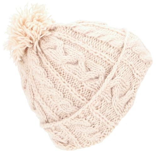 GURU SHOP Beanie Mütze, Bommelmütze aus Nepal, Wollmütze, Schurwolle - Naturweiß, Herren/Damen