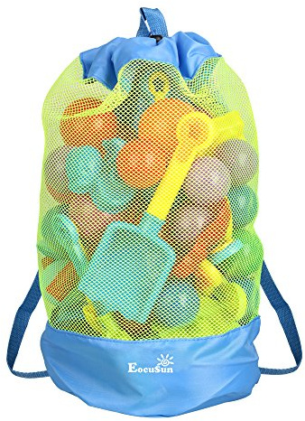 EocuSun Large Mesh Beach Bag Tote Durable Sand Away Drawstring Backpack Swim and Pool Toys Balls Storage Bags Packs, Stay Away From Sand and Water, Toy Not Included, Blue