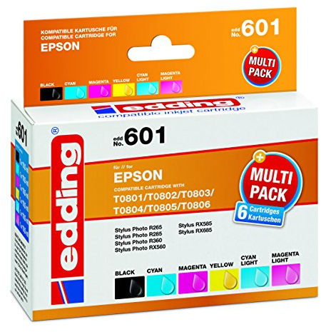 edding Druckerpatrone EDD-601 - Multipack 6 - Schwarz, Cyan, Magenta, Gelb, Foto-Cyan, Foto-Magenta - 6x 10,5 ml - Reichweite 1x 330 5x 585 Seiten - Ersetzt Epson T0801/T0802/T0803/T0804/T0805/T0806