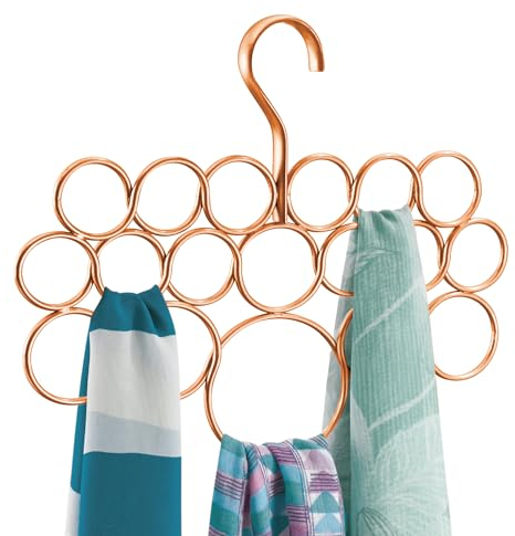 iDesign 24979 Holder with 18 Rings, Copper Scarf Hanger Made of Durable Metal, Practical Wardrobe Organiser for Scarves, Ties and Belts, Single Pack