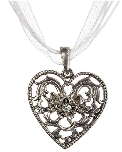 Trachtenkette Herz-Barock mit grossem Herz Strass und Edelweiss - Trachtenschmuck Anhänger Kette für Dirndl, Lederhose und Oktoberfest viele Farben (Weiss)
