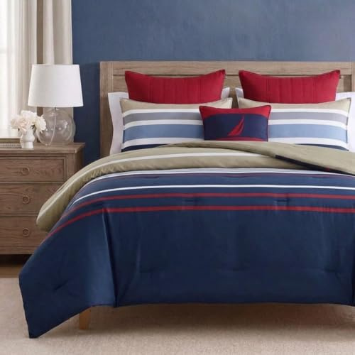 Nautica - Twin Comforter Set, Reversible Cotton Bedding with Matching Sham, Medium Weight for Year Round Use, Oeko-Tex Certified, Dorm Essentials (Bradford Navy/Khaki)